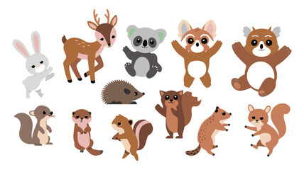 Obraz premium Cartoon Animal Set Rabbit, Deer, Koala, Raccoon, Hedgehog, Squirrels, on Green Background