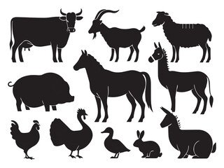 Obraz premium Farm Animal Silhouettes Cattle, Goat, Sheep, Horse, Rooster, Turkey, Duck, Rabbit, Donkey