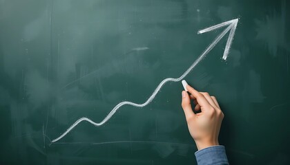 Drawing Upward Trending Arrow with Chalk on Green Blackboard Success Concept