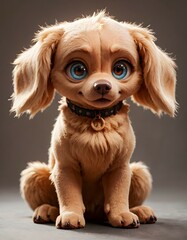 A small, light brown dog with large blue eyes sits on a smooth, gray surface with a plain background.