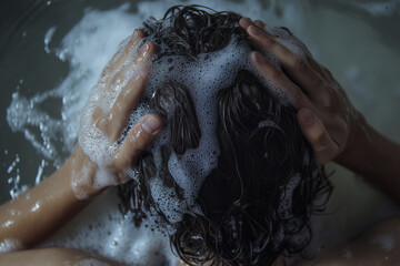 Man rinsing his shampoo in the shower 
