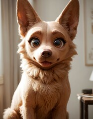 A small dog with large, expressive eyes sits in a well-lit room against a plain wall.
