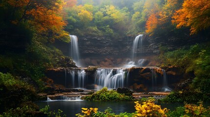 Fototapeta premium A hidden valley with multiple waterfalls cascading through lush, autumn-colored foliage.