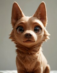 A cute, small dog with large eyes and prominent ears sits in front of a plain white background.