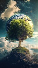 A large green tree growing on a rock with planet earth