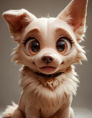 A cute, fluffy dog sitting in a soft, light-colored setting, adorned with a small collar and reflective eyes.