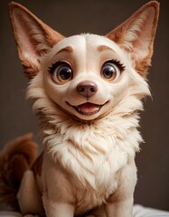 A small, fluffy beige dog with large, expressive eyes and a joyful expression sits on a neutral-colored surface, possibly a bed or table.