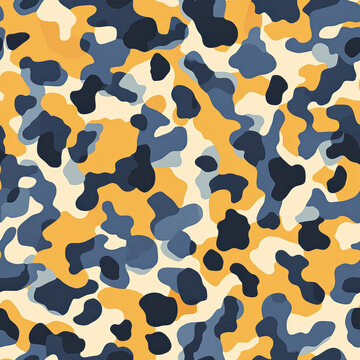 Abstract camouflage pattern in yellow, blue, and beige tones, creating modern design