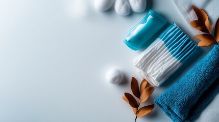 Spa and wellness arrangement with blue and white towels and cotton on light surface