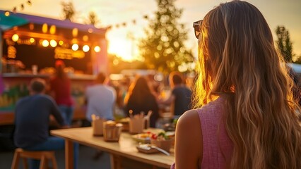 A woman with long hair sits at a food truck event during sunset, surrounded by people enjoying food and drinks. Concept Food Truck Event Atmosphere, Sunset Vibes, Socializing and Dining