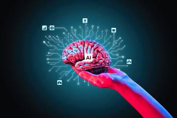 Hand holding illuminated brain with AI core and surrounding education and business icons.