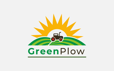Farming Logo Design With Land Or Field, Tractor And Sun Combination.