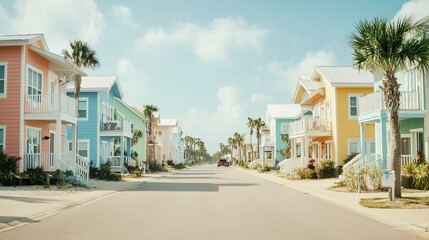Fototapeta premium Rows of identical rental homes with coastal-inspired architecture, sandy streets and bright skies, a cheerful and inviting setting, wide-angle showcasing idyllic beachside living. 