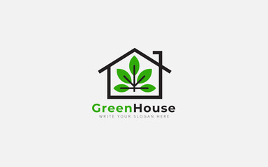 Greenhouse Logo Design with Leaf and House Element. Eco House Farming Vector Illustration 