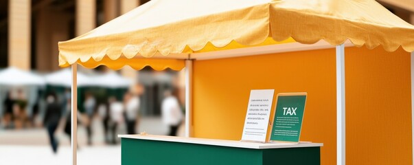 Income Tax government advice concept. Market stall with a colorful canopy and tax information displayed.
