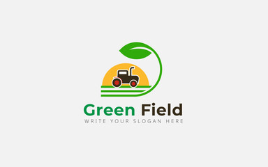 Green Field Farm Logo With Tractor, Sun, and leaf vector illustration 