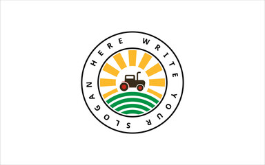 Obraz premium Farm Logo with Tractor Sun and Field Combination Vector.