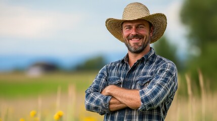 A farmer stands confidently with folded arms, wearing a straw hat, smiling in a lush rural landscape filled with green fields and flowers