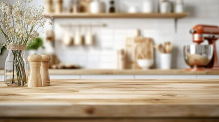 Cozy and Inviting Rustic Kitchen Interior with Wooden Table Shelves Vase of Flowers and Cooking Utensils Arrangement for Culinary or Domestic Lifestyle