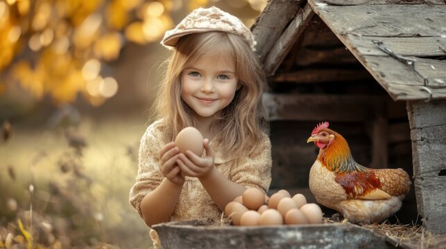 A girl happily collecting eggs from a chicken coop, wearing a cute hat, surrounded by a friendly hen and a rustic outdoor setting of autumn colors