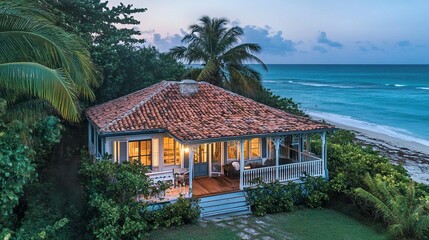 Small beachside home with a tiled roof and wraparound porch, lush palms framing the property, turquoise water in the background, evening glow enhancing its charm. 