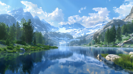 Scenic Mountain Landscape with Reflective Lake and Snow-Capped Peaks Under Clear Blue Sky