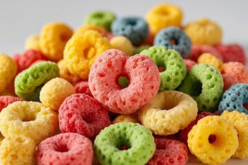 Colorful Ring-Shaped Cereal Pieces in Pile with Vibrant Texture Closeup