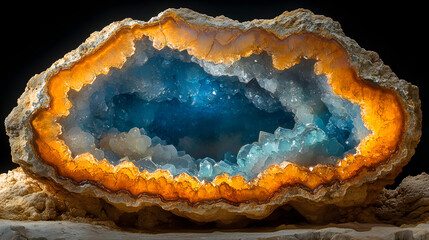 Fototapeta premium Geode's Blue Core: A mesmerizing view inside a geode, revealing a radiant blue crystalline interior framed by a warm, glowing outer layer, symbolizing natural beauty and geological wonder.