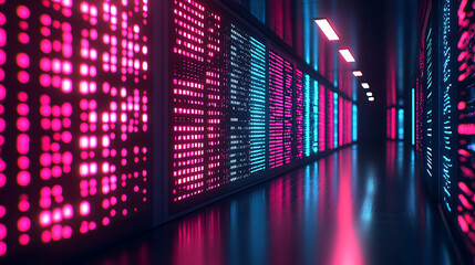 Neonlit data corridor.  Futuristic server room with vibrant pink and blue LED lights illuminating rows of data streams.  Perfect for tech, AI, cybersecurity, and digital concepts.