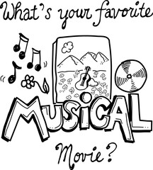 Hand-drawn musical DVD movie vector doodle. 
