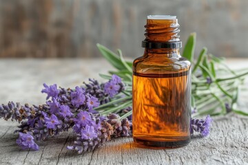 Amber bottle of essential oil with lavender on a wood surface. Perfect for natural health, aromatherapy, or beauty product concepts.