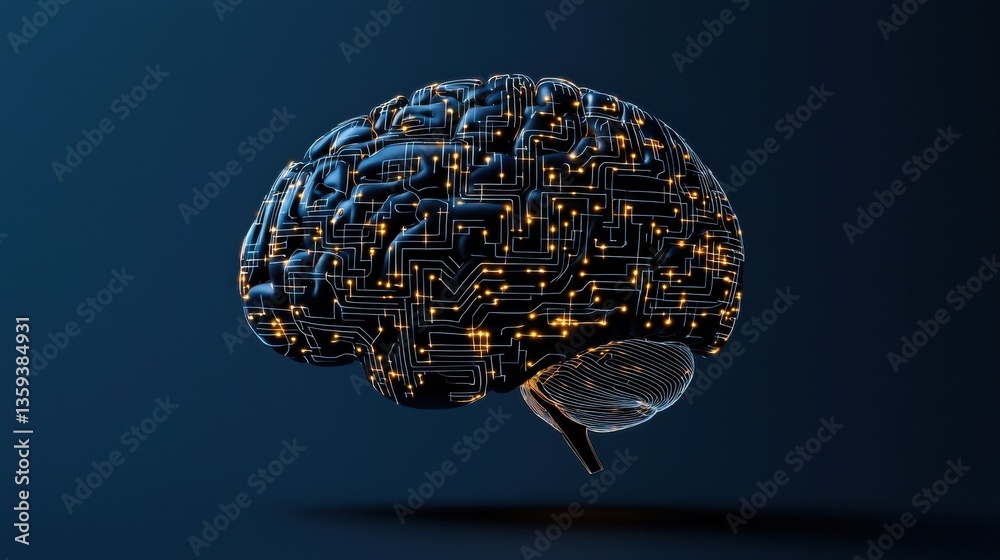 Poster a digital representation of a brain with circuit patterns, symbolizing the intersection of technolog