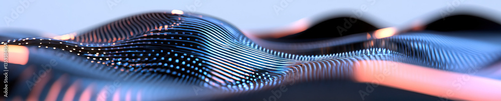 Poster abstract 3d rendering: undulating metallic surface with luminous dots