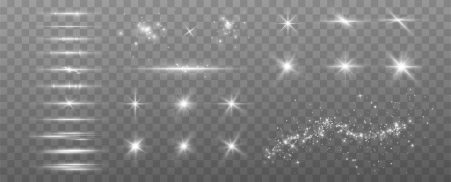 Light effects.Wind glare, explosions, shine, dust, lines, solar flares, sparks, sequins, stars, curved curls. Glow special effect of light