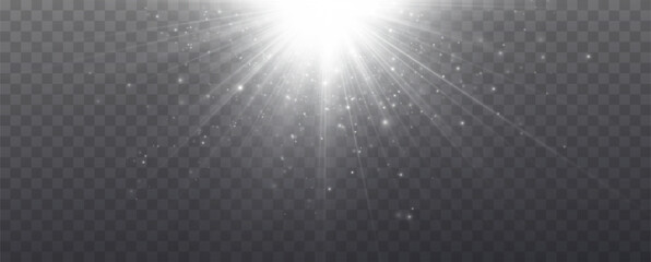White glowing light explodes on a transparent background. with ray. Transparent shining sun, bright flash. Special lens flare light effect.	