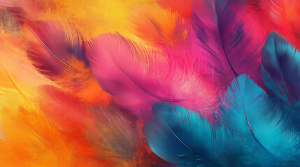 Abstract, colorful brush strokes background with a feather pattern, in vibrant colors.