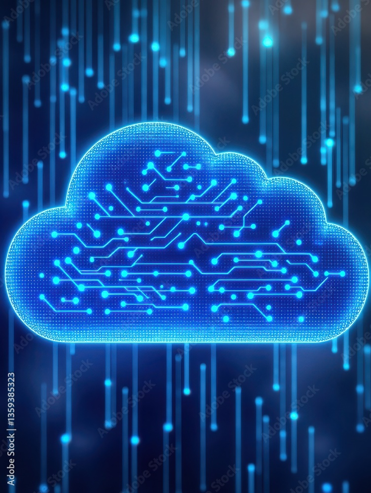 Poster a digital cloud icon with circuit patterns, illuminated in blue, representing cloud computing and te