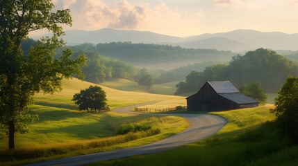  A peaceful rural landscape featuring winding roads, weathered barns, and golden fields in late afternoon light