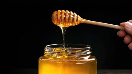 Golden honey drizzle action over jar in kitchen environment close-up viewpoint of natural sweetness