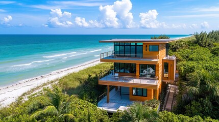 Fototapeta premium Tall, modern wooden home with a minimalist new urbanist design, positioned on a serene Florida beach, ocean views and bright natural light highlighting 