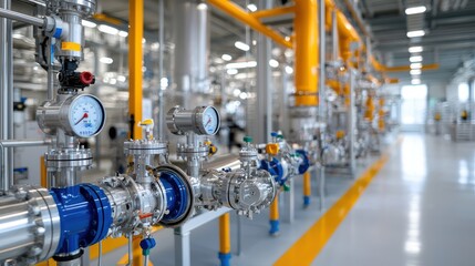 A view of an extensive network of industrial pipelines valves and within a large well lit factory or processing facility