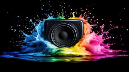 Colorful Sound Waves Emanating from a Black Speaker in Water