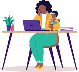 Plus Size Black Mother Busy Working With Her Phone And Laptop While Taking Care Of Her Baby Girl At Home.