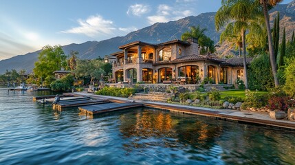 Fototapeta premium Waterfront estate for sale with boat slips, stunning mountain backdrop, open-plan living spaces, and lush landscaping, wide-angle showcasing natural beauty. 