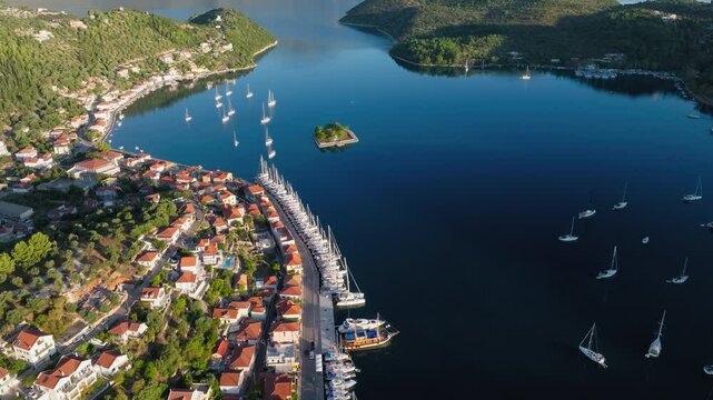 Early morning light over Vathy, Ithaca, Greece, as boats drift on the calm Mediterranean waters, establishing aerial