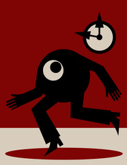 Person runs and looks at clock, timer. Deadline. Character with round body, human arms and legs, big eye. Flat vector illustration. Minimalist poster.