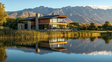 Fototapeta premium Waterfront home with private boat slips, serene lake reflecting mountain views, modern architecture with large windows, wide-angle showcasing tranquil elegance 