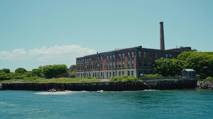 Fototapeta premium Abandoned Industrial Building by Water Under Clear Blue Sky