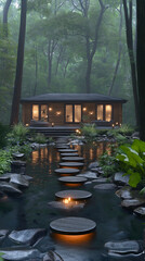 Fototapeta premium Serene wooden cabin surrounded by forest with stepping stones over water at twilight
