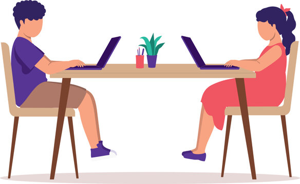 Side View Of Little Boy And Girl Using A Laptop At The Desk.